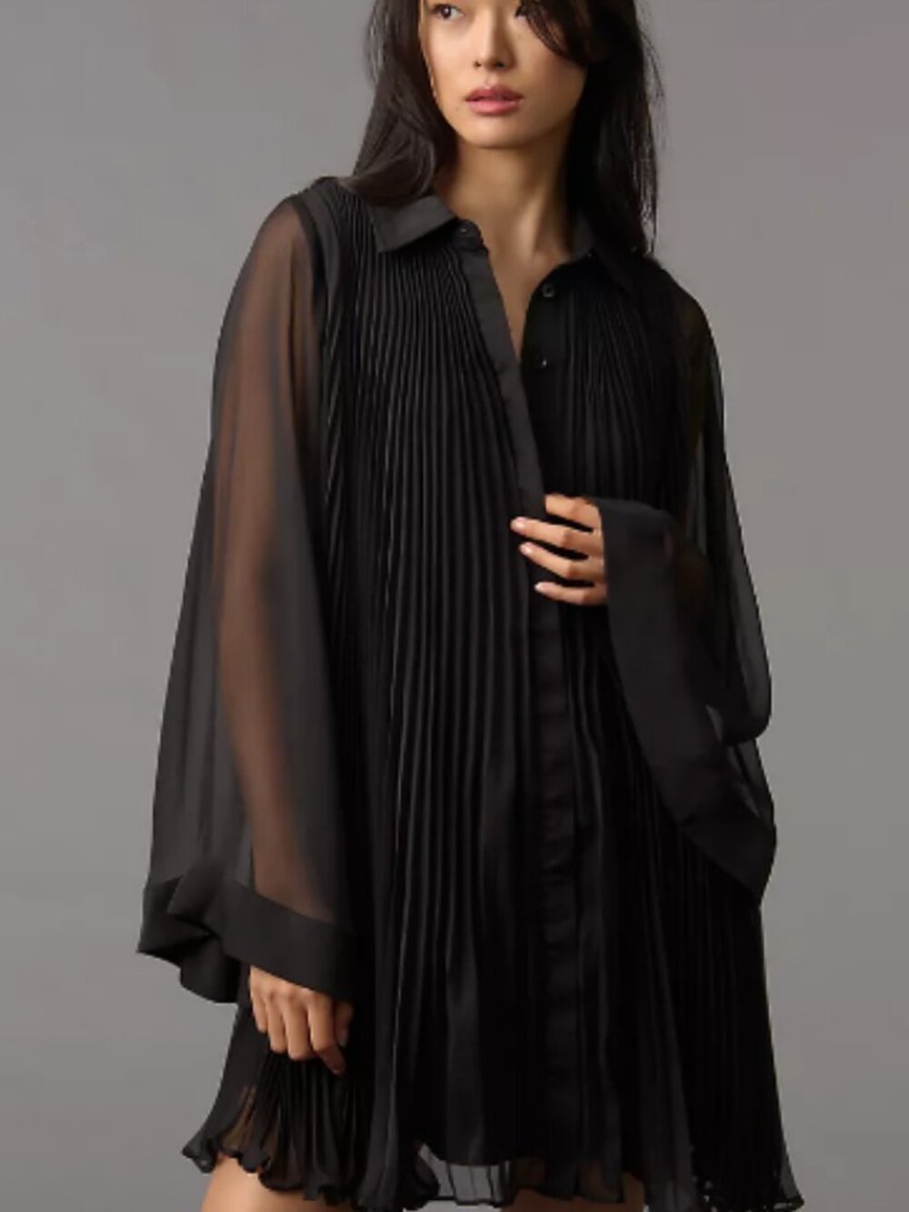 Anthropologie Maeve Black Pleated Long-Sleeve Sheer Dress
